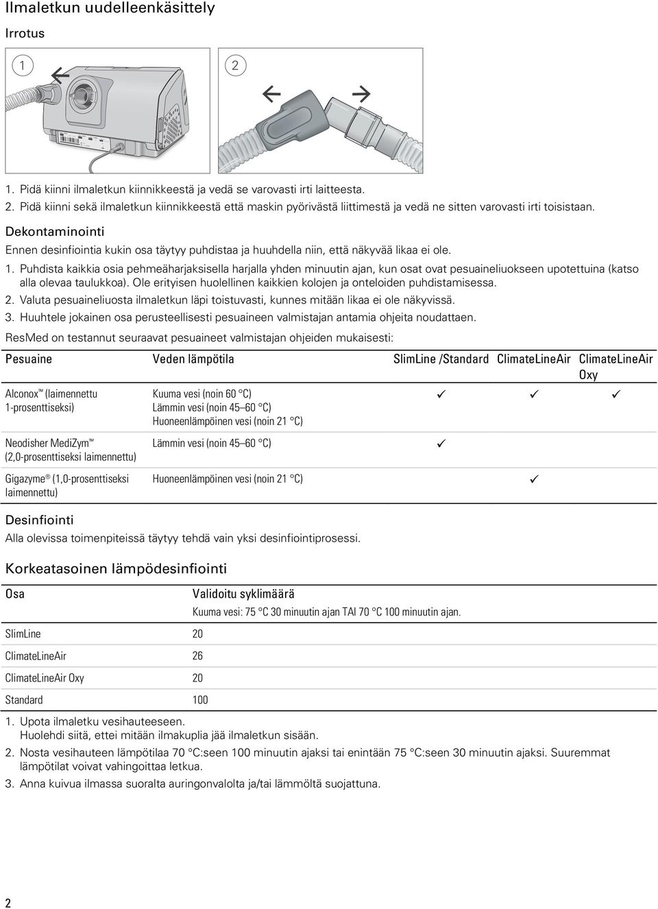 Dekontaminointi Ennen desinfiointia kukin osa täytyy puhdistaa ja huuhdella niin, että näkyvää likaa ei ole. 1.