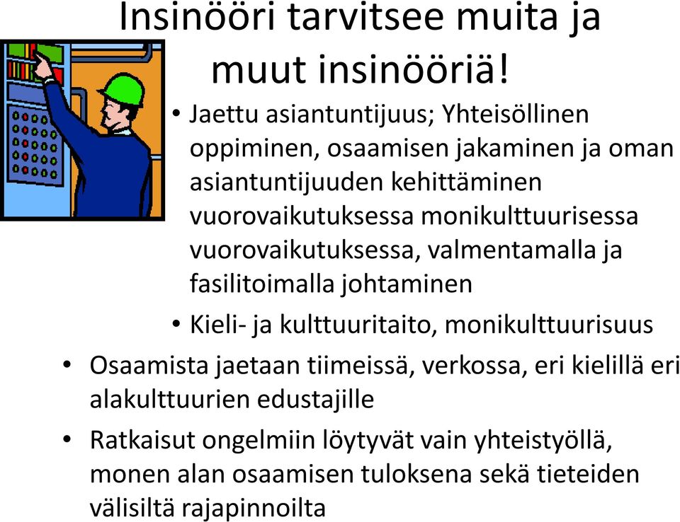 monikulttuurisessa vuorovaikutuksessa, valmentamalla ja fasilitoimalla johtaminen Kieli- ja kulttuuritaito,
