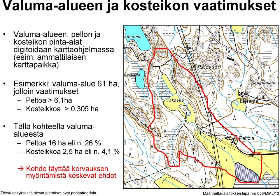 ammattilaisen karttapaikka) Esimerkki: valuma-alue 61 ha, jolloin vaatimukset Peltoa > 6,1ha Kosteikkoa > 0,305 ha