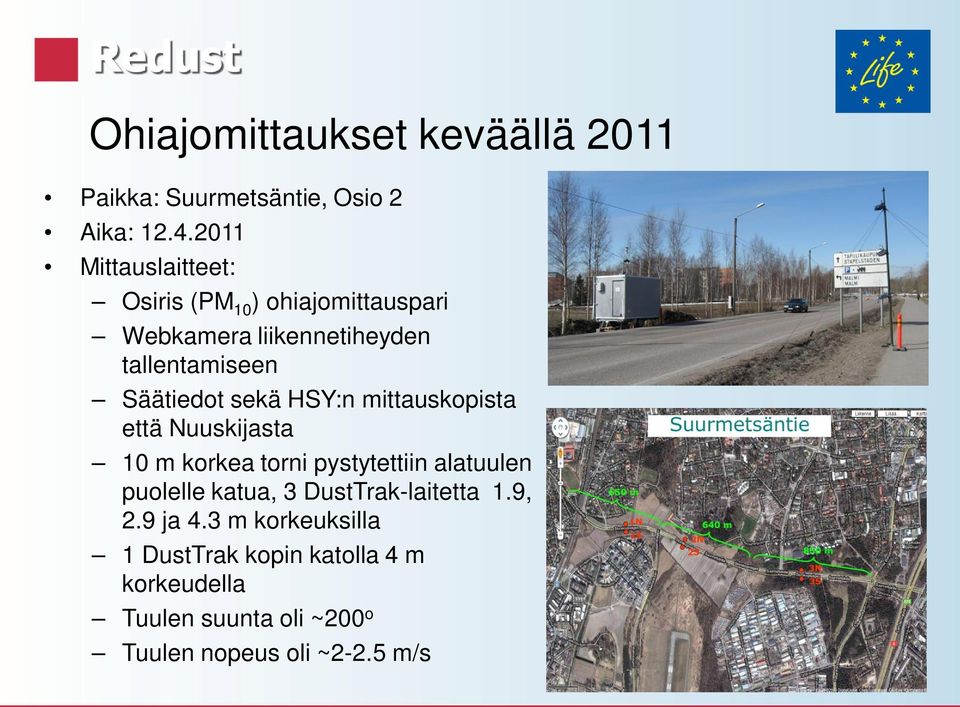 Säätiedot sekä HSY:n mittauskopista että Nuuskijasta 10 m korkea torni pystytettiin alatuulen puolelle