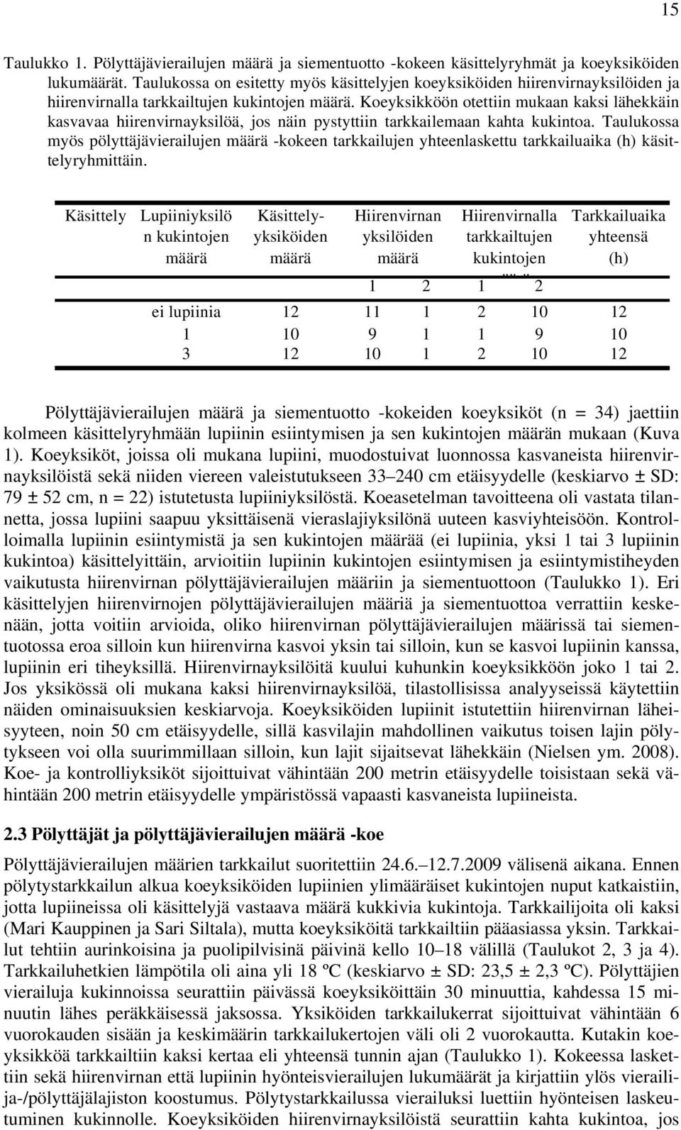 Koeyksikköön otettiin mukaan kaksi lähekkäin kasvavaa hiirenvirnayksilöä, jos näin pystyttiin tarkkailemaan kahta kukintoa.