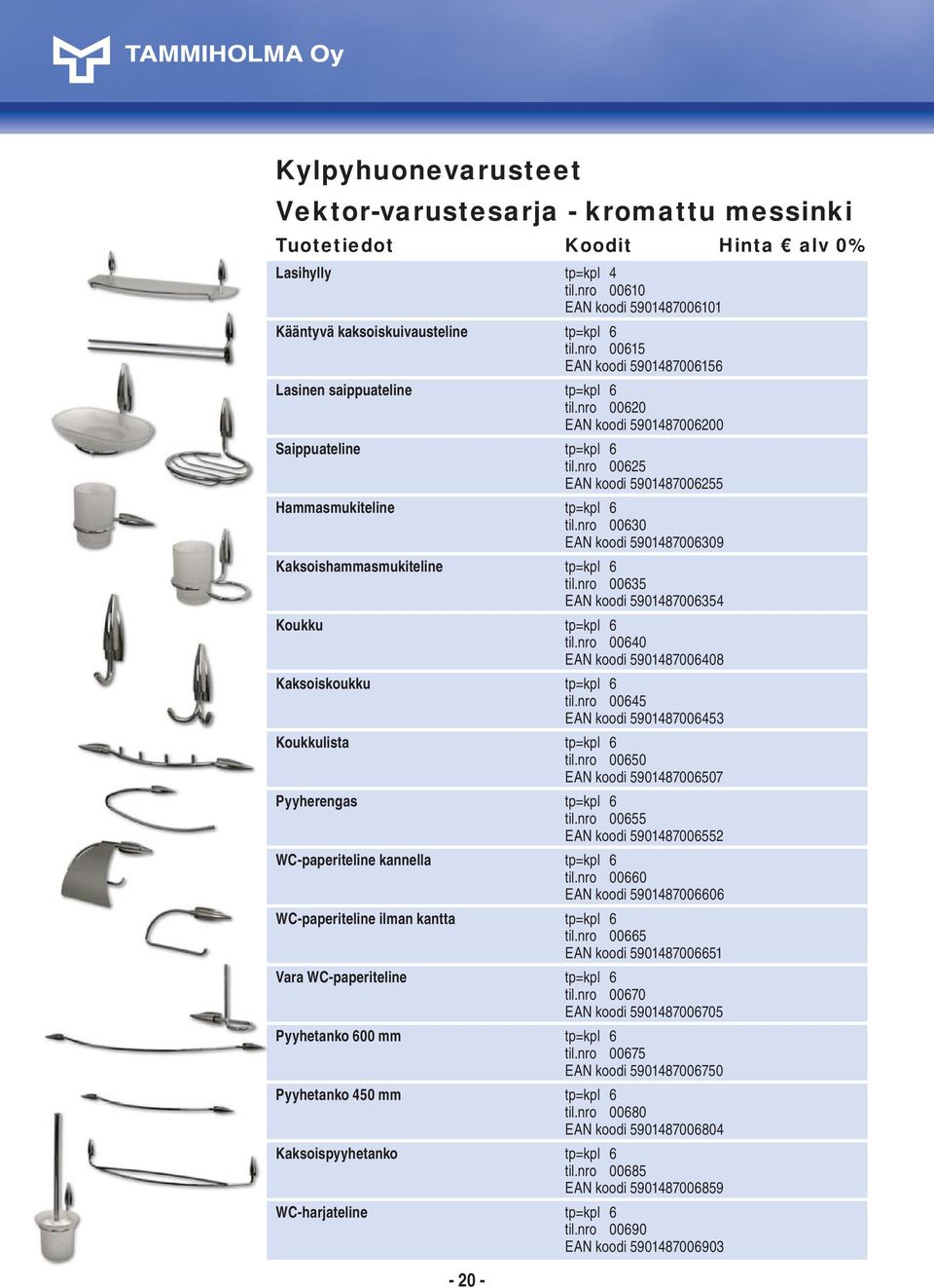 nro 00630 EAN koodi 5901487006309 Kaksoishammasmukiteline tp=kpl 6 til.nro 00635 EAN koodi 5901487006354 Koukku tp=kpl 6 til.nro 00640 EAN koodi 5901487006408 Kaksoiskoukku tp=kpl 6 til.