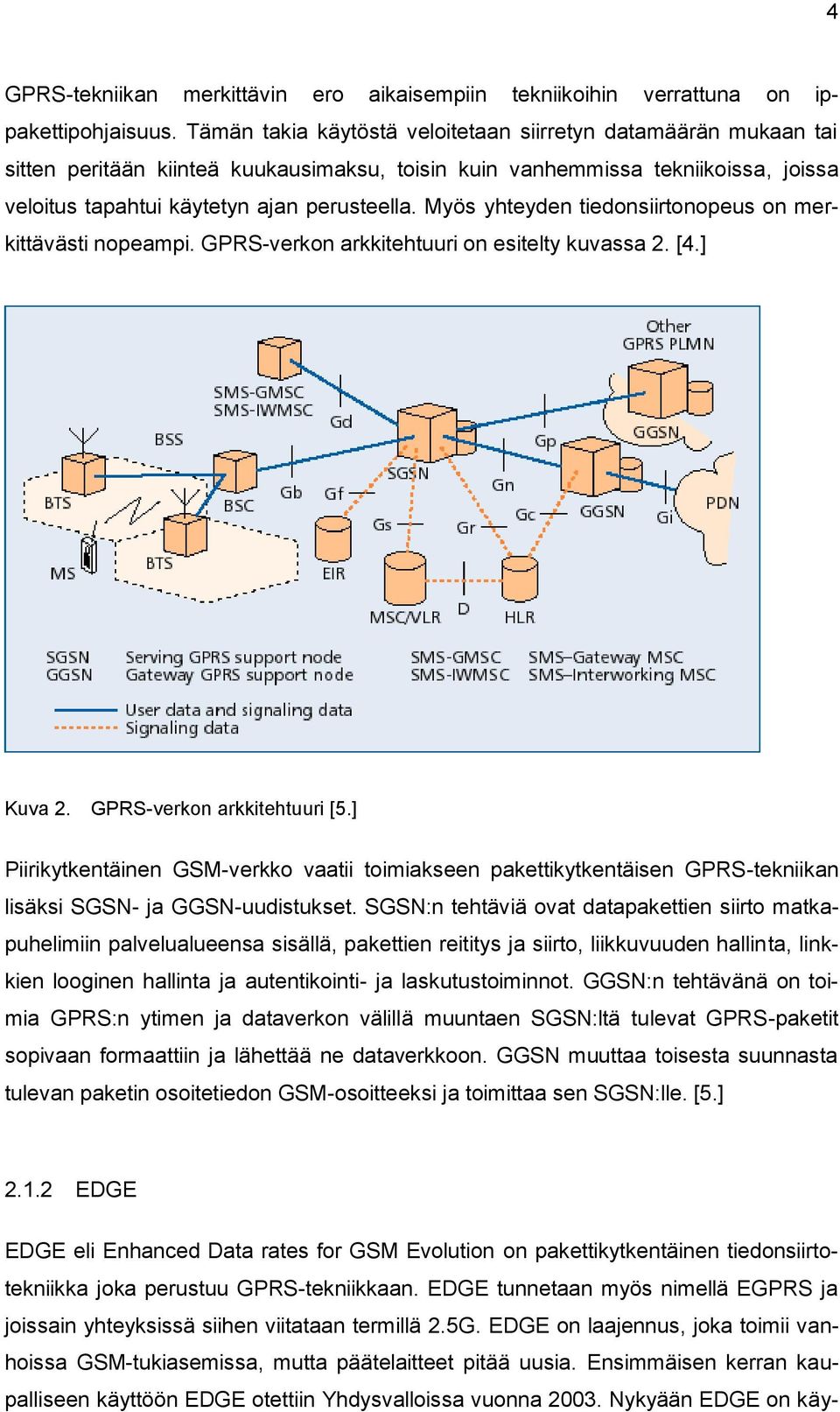 Myös yhteyden tiedonsiirtonopeus on merkittävästi nopeampi. GPRS-verkon arkkitehtuuri on esitelty kuvassa 2. [4.] Kuva 2. GPRS-verkon arkkitehtuuri [5.