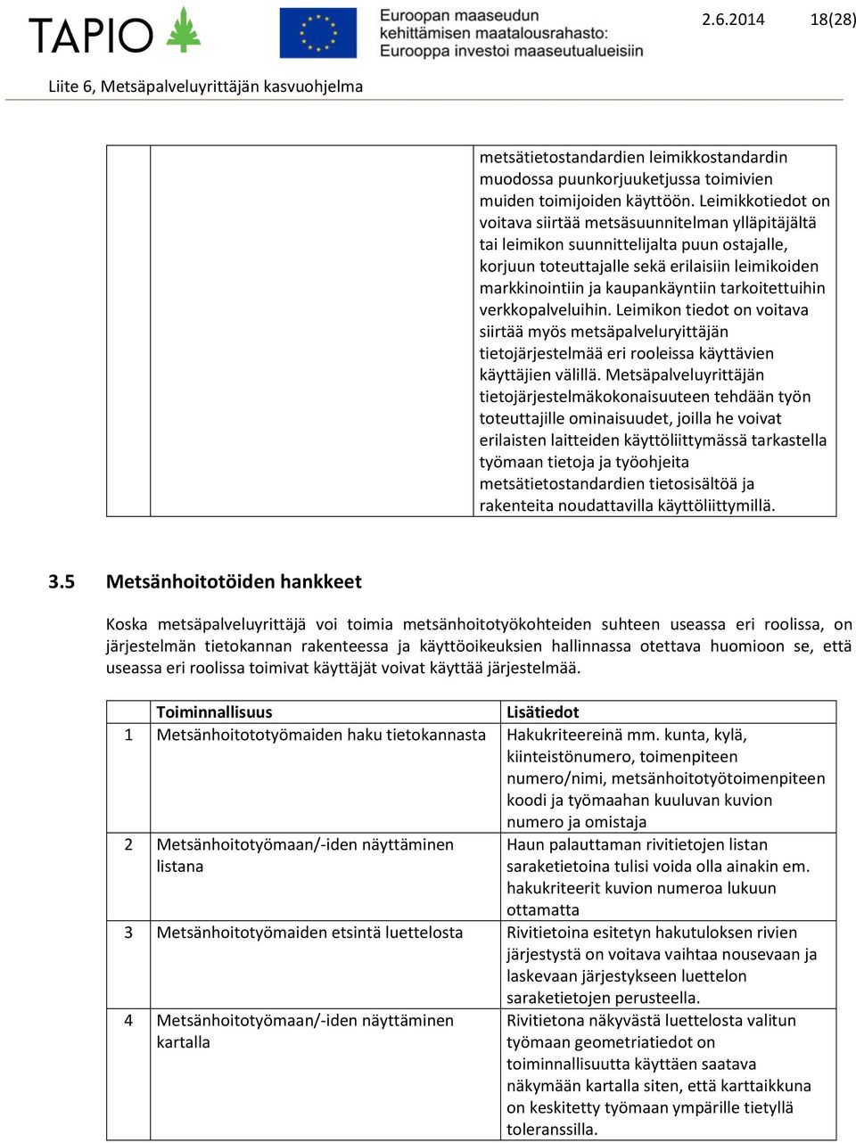 tarkoitettuihin verkkopalveluihin. Leimikon tiedot on voitava siirtää myös metsäpalveluryittäjän tietojärjestelmää eri rooleissa käyttävien käyttäjien välillä.