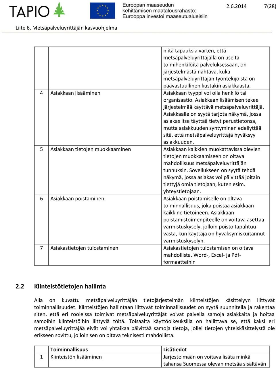 Asiakkaalle on syytä tarjota näkymä, jossa asiakas itse täyttää tietyt perustietonsa, mutta asiakkuuden syntyminen edellyttää sitä, että metsäpalveluyrittäjä hyväksyy asiakkuuden.