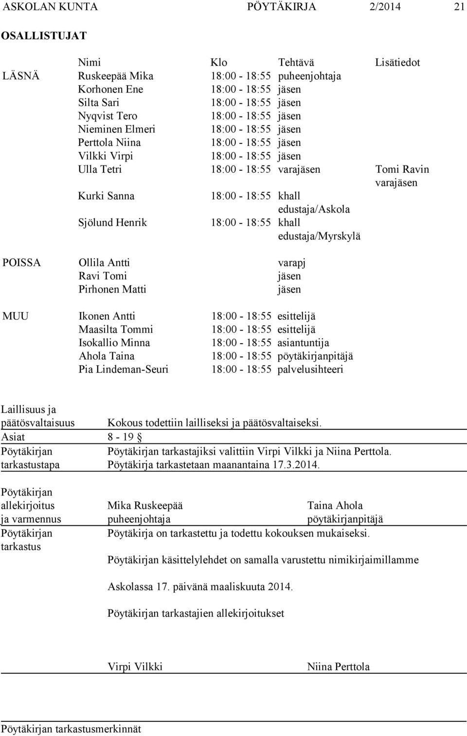 edustaja/askola Sjölund Henrik 18:00-18:55 khall edustaja/myrskylä POISSA Ollila Antti varapj Ravi Tomi jäsen Pirhonen Matti jäsen MUU Ikonen Antti 18:00-18:55 esittelijä Maasilta Tommi 18:00-18:55