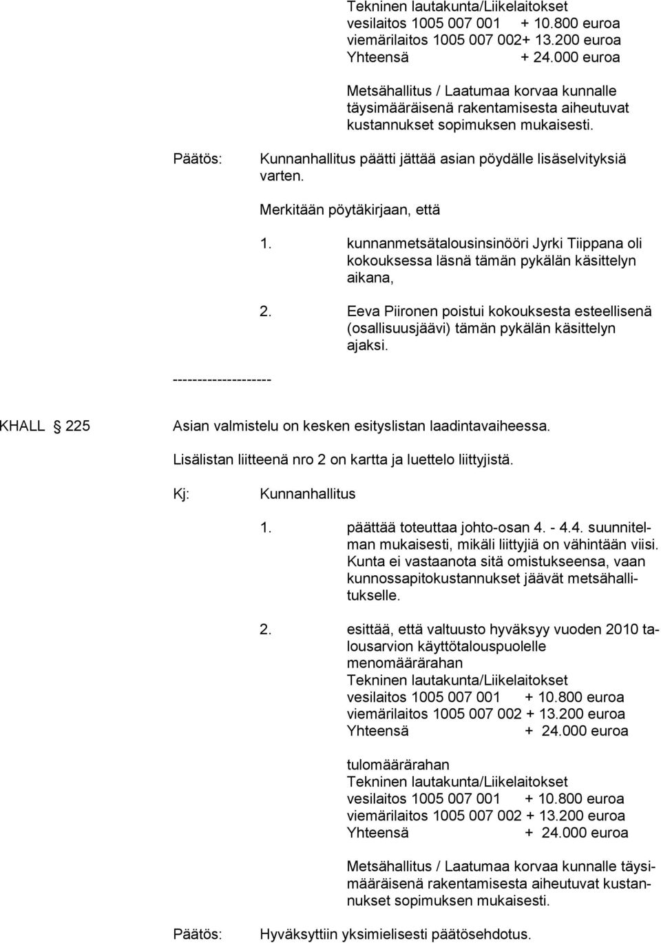 kunnanmetsätalousinsinööri Jyrki Tiippana oli kokouksessa läsnä tämän pykälän käsittelyn aikana, 2. Eeva Piironen poistui kokouksesta esteellisenä (osallisuusjäävi) tämän pykälän käsittelyn ajaksi.