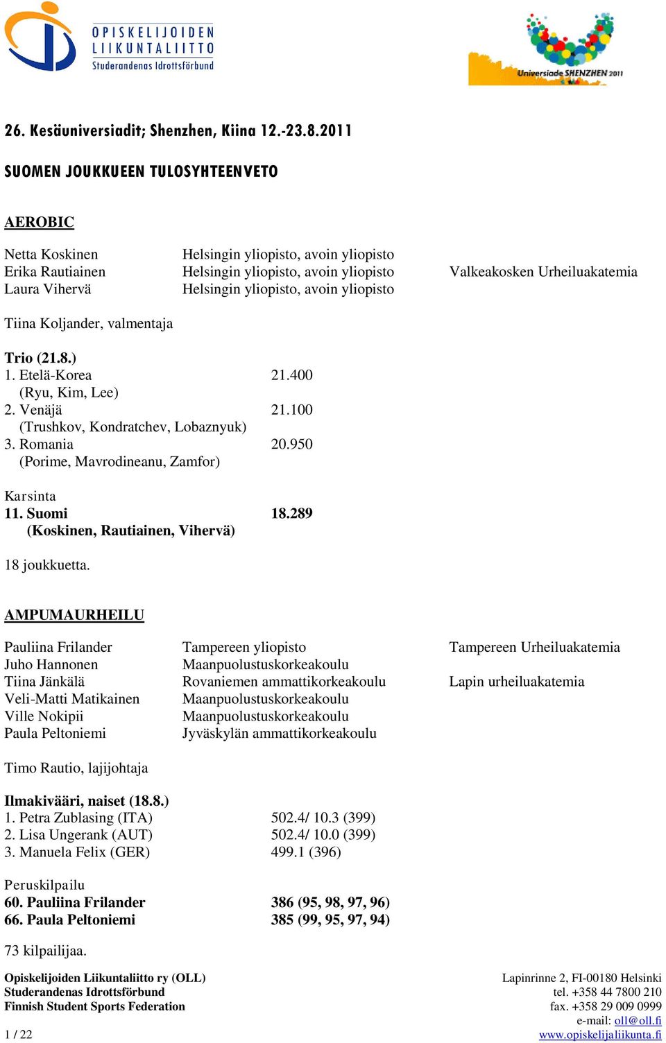 Helsingin yliopisto, avoin yliopisto Tiina Koljander, valmentaja Trio (21.8.) 1. Etelä-Korea 21.400 (Ryu, Kim, Lee) 2. Venäjä 21.100 (Trushkov, Kondratchev, Lobaznyuk) 3. Romania 20.