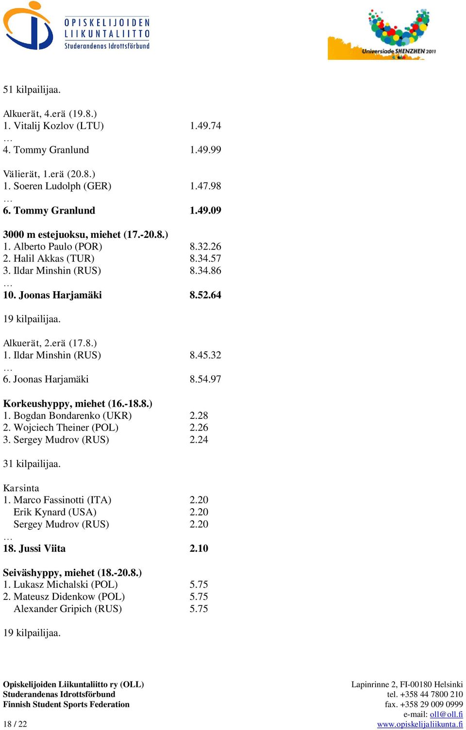 32 6. Joonas Harjamäki 8.54.97 Korkeushyppy, miehet (16.-18.8.) 1. Bogdan Bondarenko (UKR) 2.28 2. Wojciech Theiner (POL) 2.26 3. Sergey Mudrov (RUS) 2.24 31 kilpailijaa. 1. Marco Fassinotti (ITA) 2.
