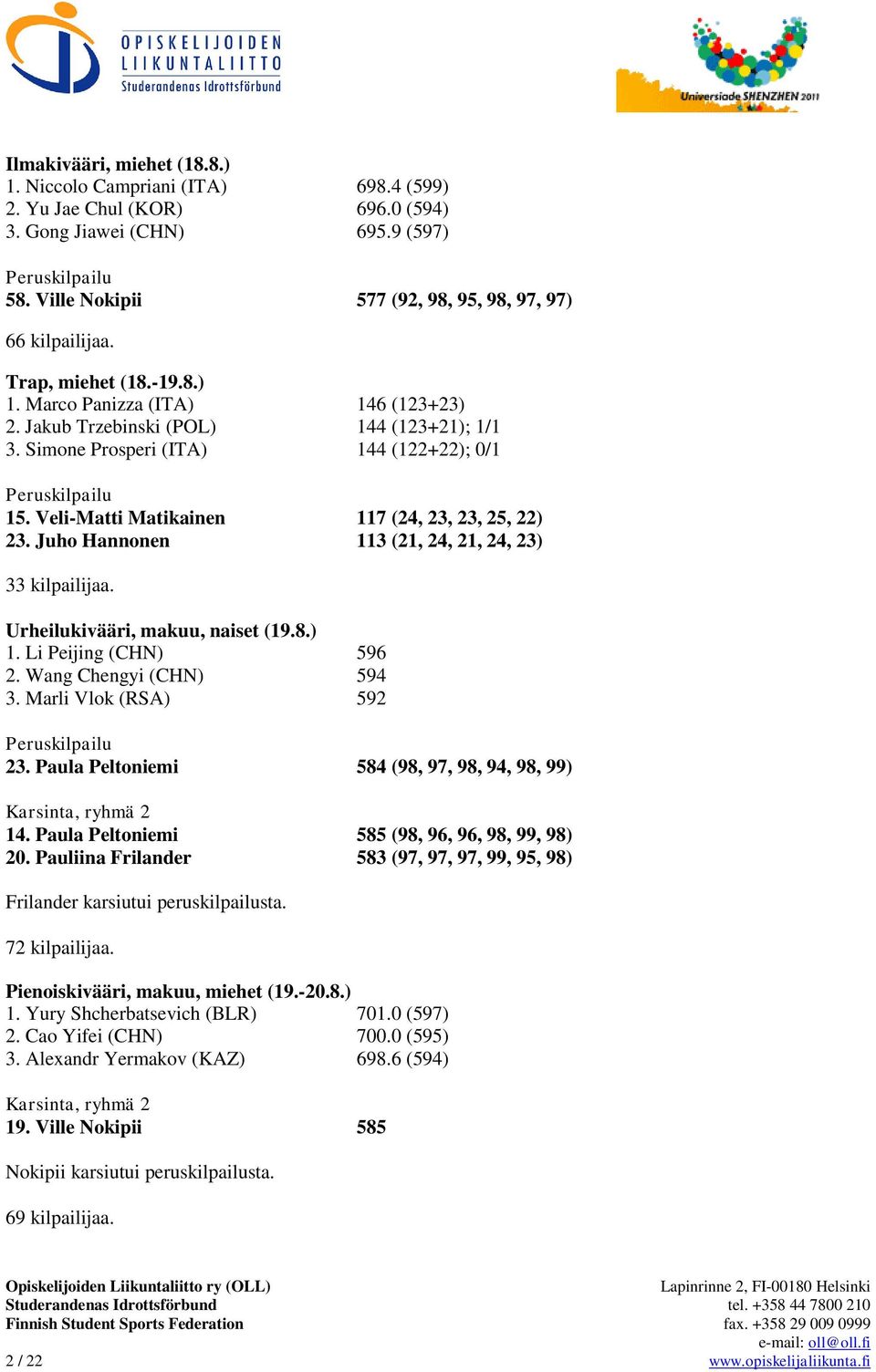 Simone Prosperi (ITA) 144 (122+22); 0/1 Peruskilpailu 15. Veli-Matti Matikainen 117 (24, 23, 23, 25, 22) 23. Juho Hannonen 113 (21, 24, 21, 24, 23) 33 kilpailijaa. Urheilukivääri, makuu, naiset (19.8.