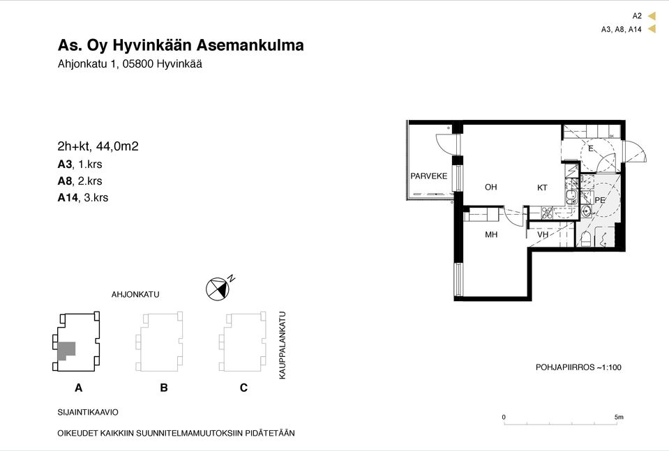 44,0m2 A3, 1.krs A8, 2.krs A14, 3.