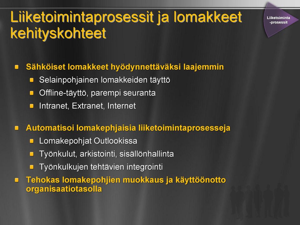 Extranet, Internet Automatisoi lomakephjaisia liiketoimintaprosesseja Lomakepohjat Outlookissa Työnkulut,