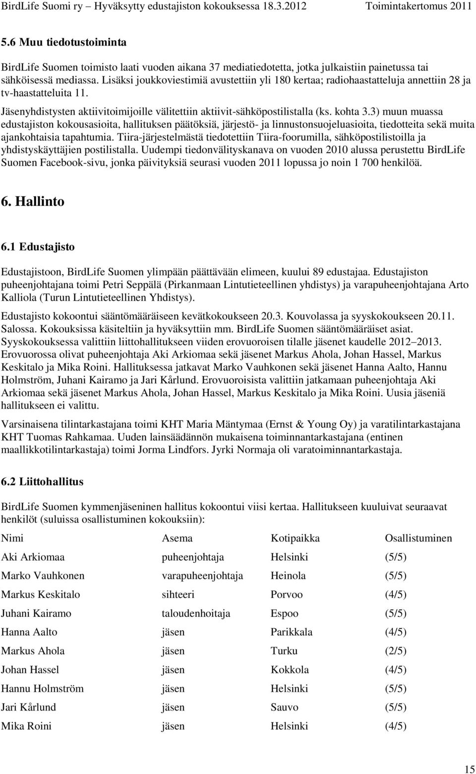 3) muun muassa edustajiston kokousasioita, hallituksen päätöksiä, järjestö- ja linnustonsuojeluasioita, tiedotteita sekä muita ajankohtaisia tapahtumia.