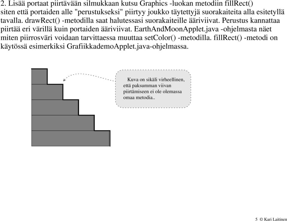 Perustus kannattaa piirtää eri värillä kuin portaiden ääriviivat. EarthAndMoonApplet.