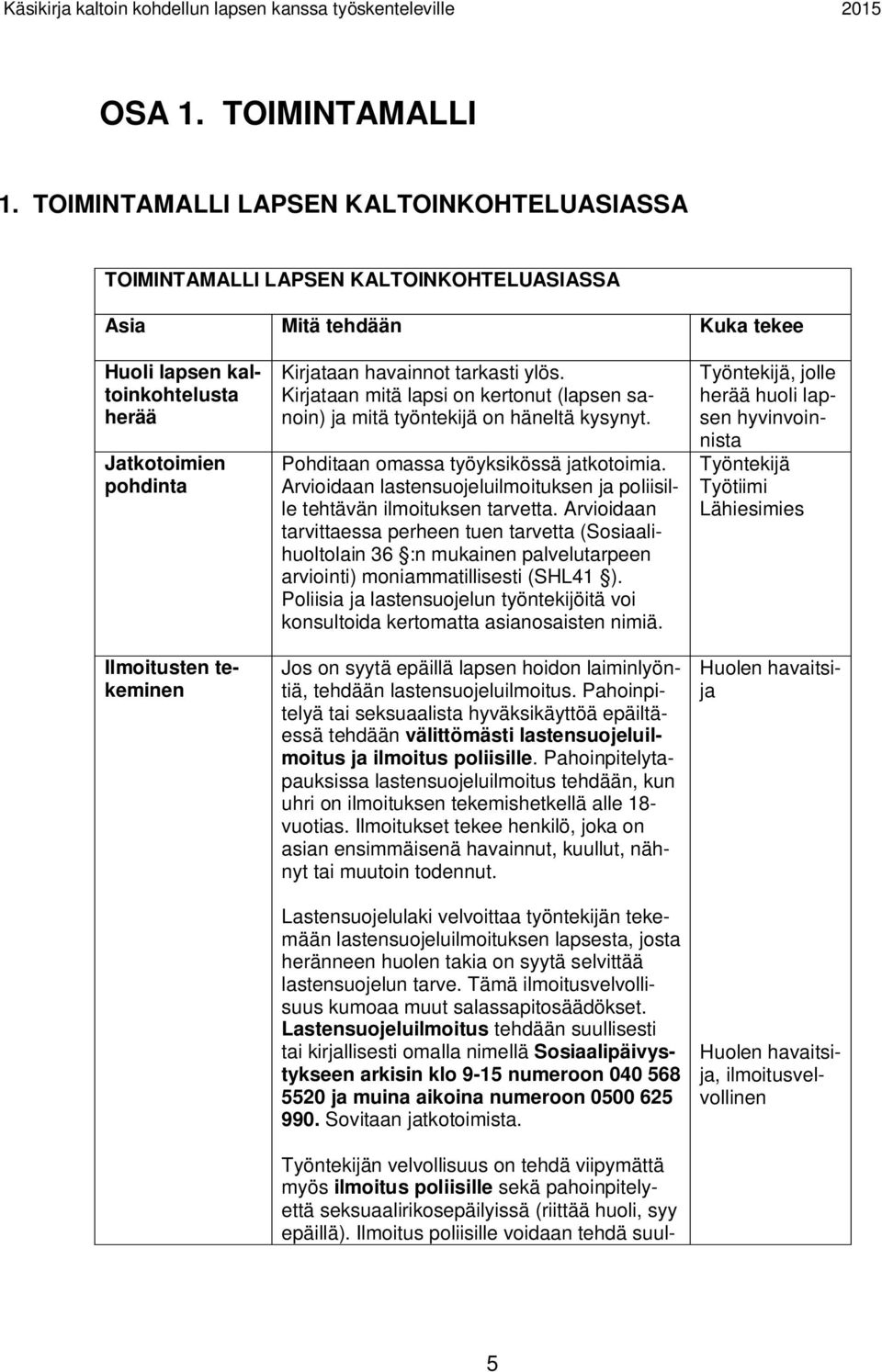 Kirjataan havainnot tarkasti ylös. Kirjataan mitä lapsi on kertonut (lapsen sanoin) ja mitä työntekijä on häneltä kysynyt. Pohditaan omassa työyksikössä jatkotoimia.