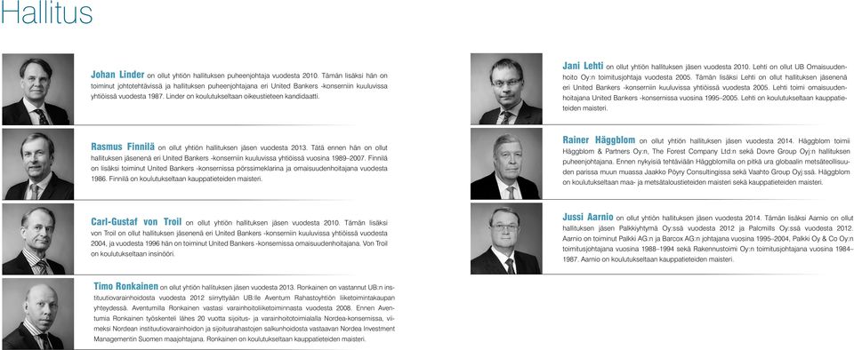 Jani Lehti on ollut yhtiön hallituksen jäsen vuodesta 2010. Lehti on ollut UB Omaisuudenhoito Oy:n toimitusjohtaja vuodesta 2005.
