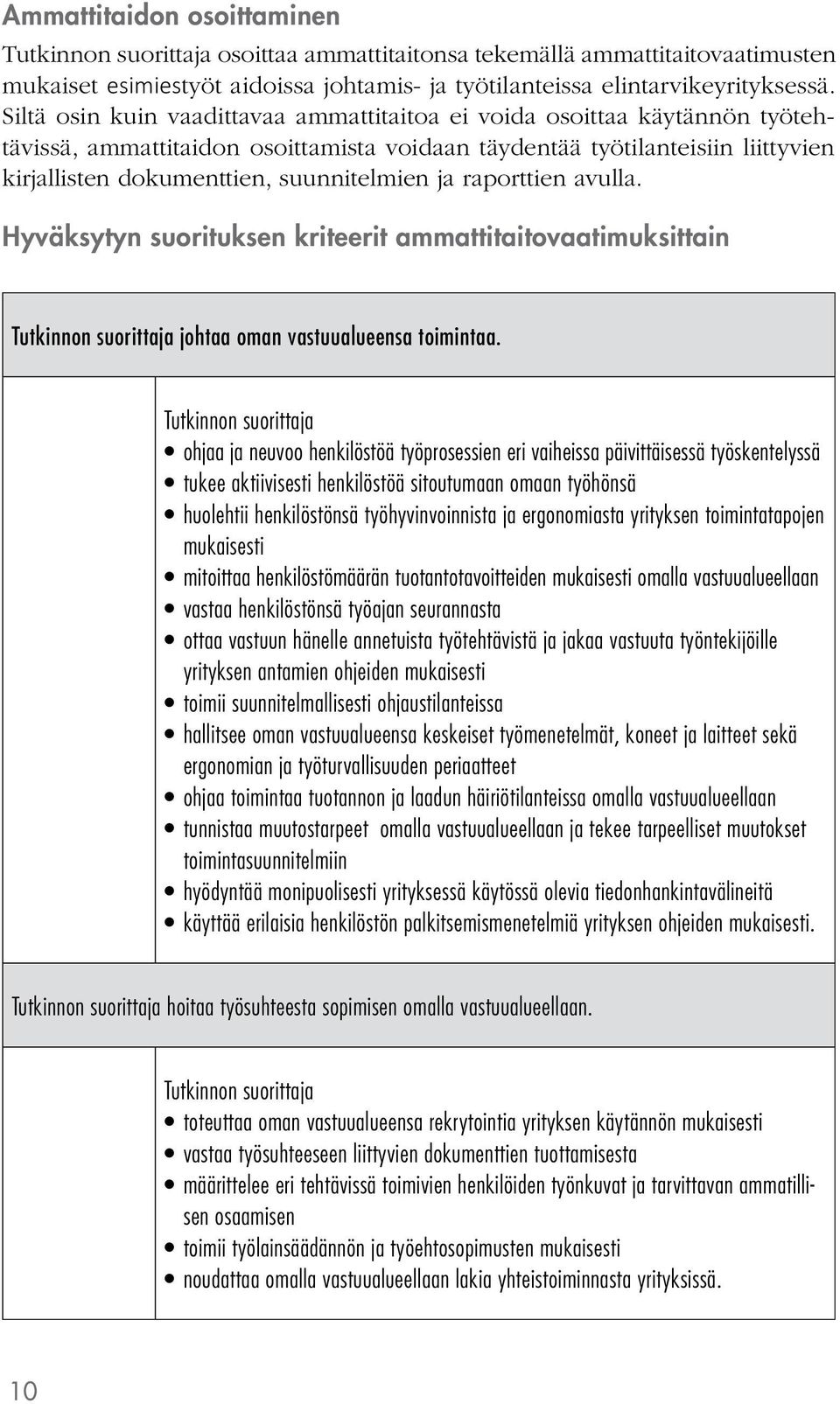 ja raporttien avulla. Hyväksytyn suorituksen kriteerit ammattitaitovaatimuksittain johtaa oman vastuualueensa toimintaa.