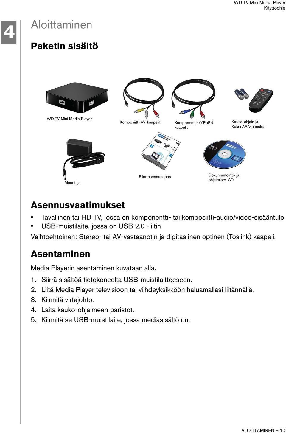 0 -liitin Vaihtoehtoinen: Stereo- tai AV-vastaanotin ja digitaalinen optinen (Toslink) kaapeli. Asentaminen Media Playerin asentaminen kuvataan alla. 1.