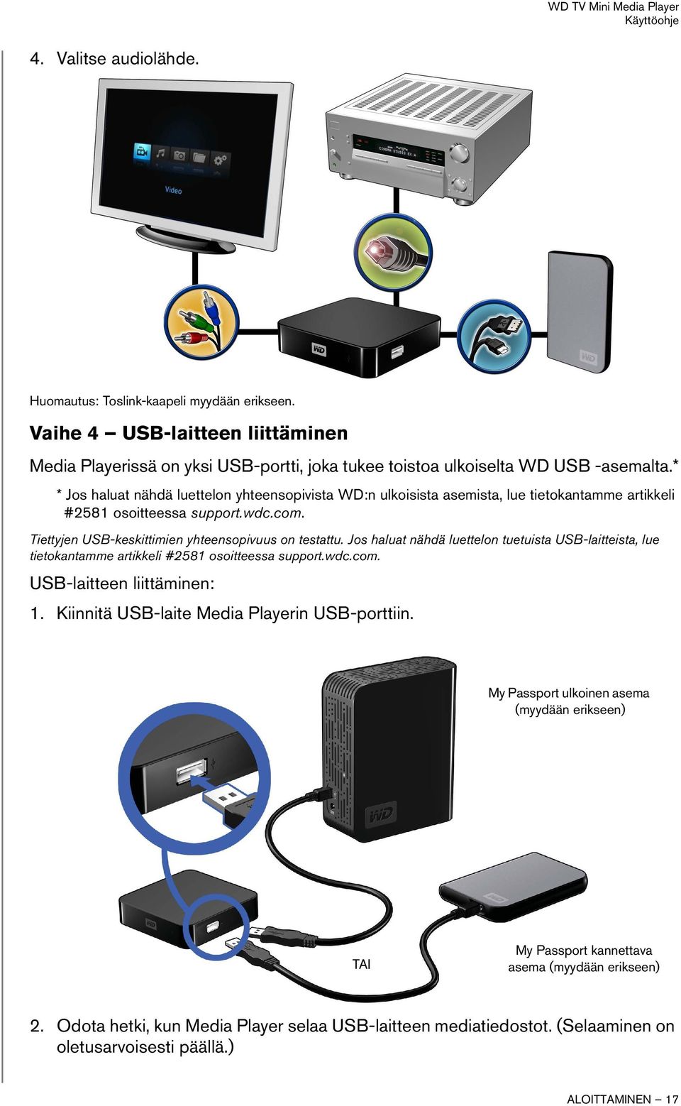 Jos haluat nähdä luettelon tuetuista USB-laitteista, lue tietokantamme artikkeli #2581 osoitteessa support.wdc.com. USB-laitteen liittäminen: 1. Kiinnitä USB-laite Media Playerin USB-porttiin.