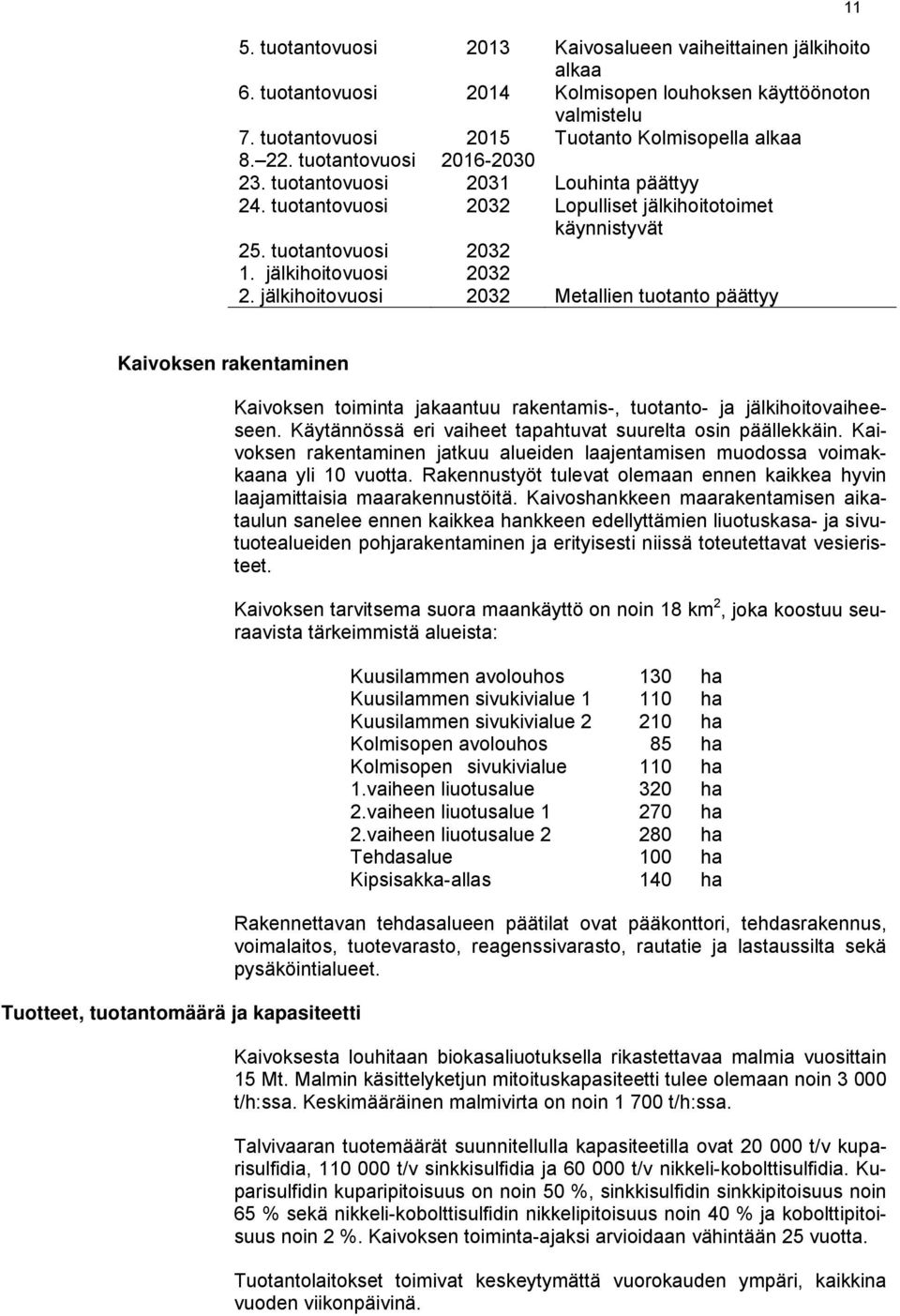 jälkihoitovuosi 2032 Metallien tuotanto päättyy 11 Kaivoksen rakentaminen Tuotteet, tuotantomäärä ja kapasiteetti Kaivoksen toiminta jakaantuu rakentamis-, tuotanto- ja jälkihoitovaiheeseen.