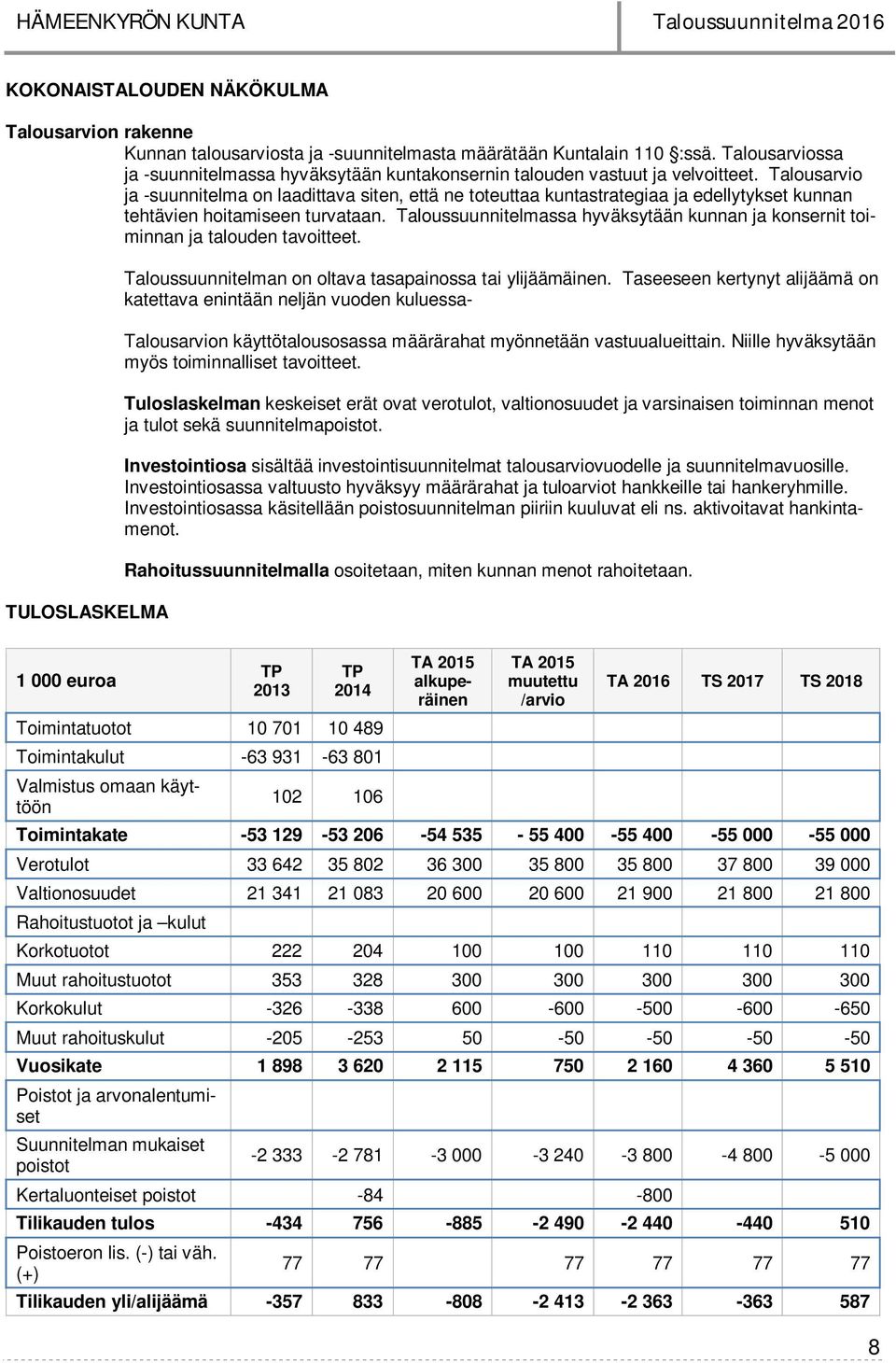 Talousarvio ja -suunnitelma on laadittava siten, että ne toteuttaa kuntastrategiaa ja edellytykset kunnan tehtävien hoitamiseen turvataan.