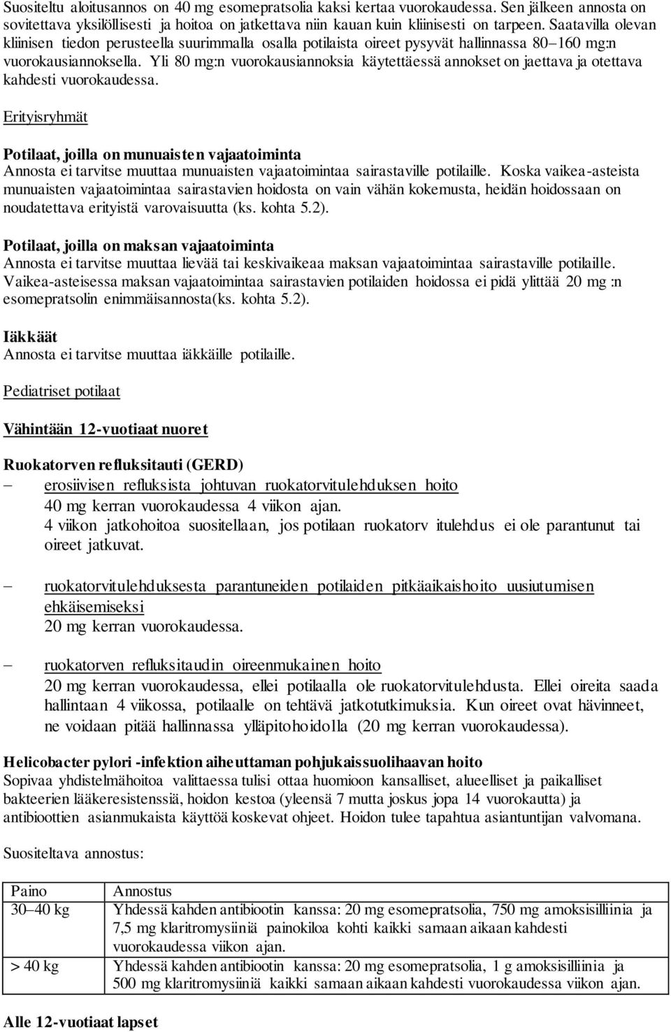 Yli 80 mg:n vuorokausiannoksia käytettäessä annokset on jaettava ja otettava kahdesti vuorokaudessa.