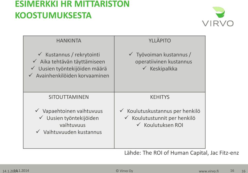 Vapaehtoinen vaihtuvuus Uusien työntekijöiden vaihtuvuus Vaihtuvuuden kustannus KEHITYS Koulutuskustannus per henkilö