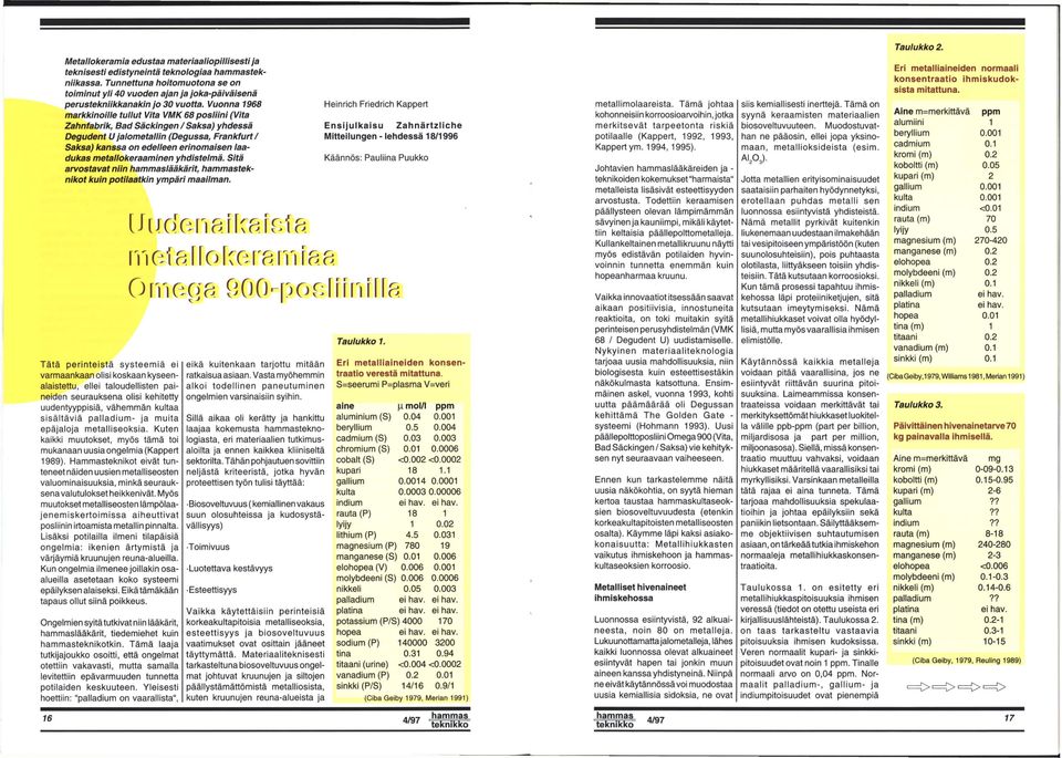 Bad Säckingen /Saksa) yhdessä Degudent U jalometallin (Degussa, Frankfurt/ Saksa) kanssa on edelleen erinomaisen laadukas metallokeraaminen yhdistelmä.