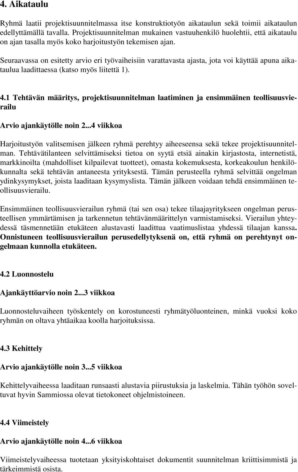 Seuraavassa on esitetty arvio eri työvaiheisiin varattavasta ajasta, jota voi käyttää apuna aikataulua laadittaessa (katso myös liitettä 1). 4.