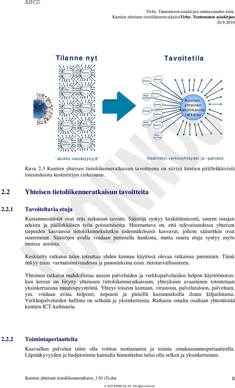 3 Kuntien yhteisen tietoliikenneratkaisun tavoitteena on siirtyä kuntien päällekkäisistä toteutuksista keskitettyyn ratkaisuun. 2.2 Yhteisen tietoliikenneratkaisun tavoitteita 2.2.1 Tavoiteltavia etuja Kustannussäästöt ovat eräs ratkaisun tavoite.