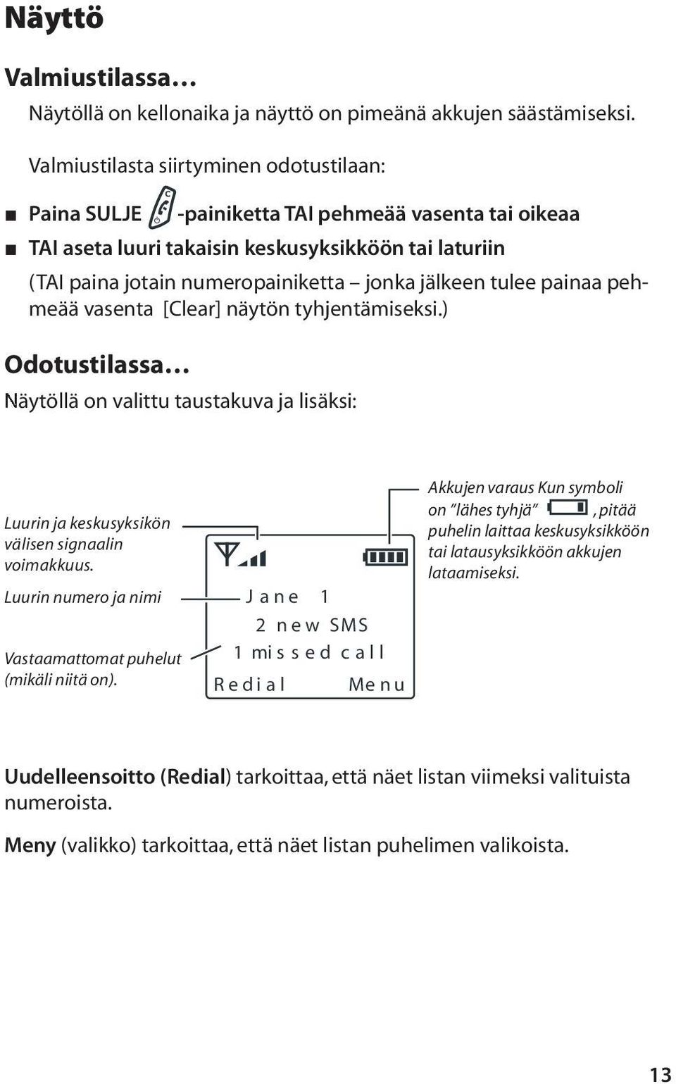 tulee painaa pehmeää vasenta [Clear] näytön tyhjentämiseksi.) Odotustilassa Näytöllä on valittu taustakuva ja lisäksi: Luurin ja keskusyksikön välisen signaalin voimakkuus.