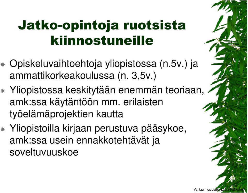 ) Yliopistossa keskitytään enemmän teoriaan, amk:ssa käytäntöön mm.