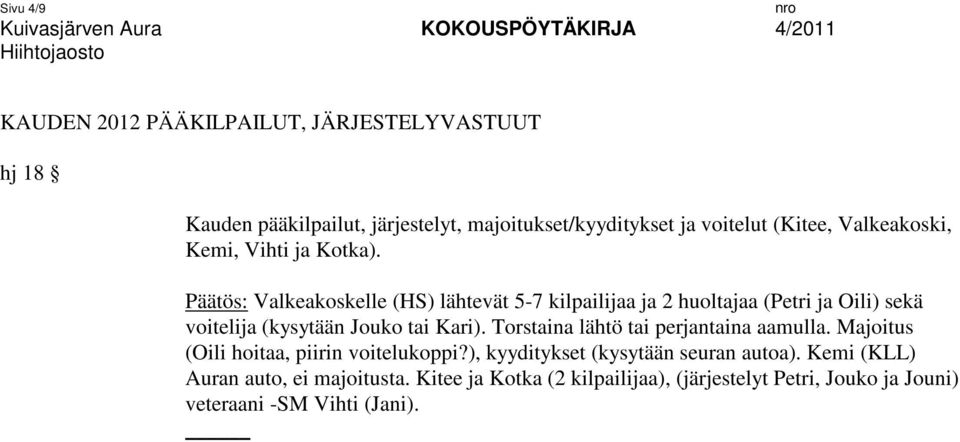 Päätös: Valkeakoskelle (HS) lähtevät 5-7 kilpailijaa ja 2 huoltajaa (Petri ja Oili) sekä voitelija (kysytään Jouko tai Kari).