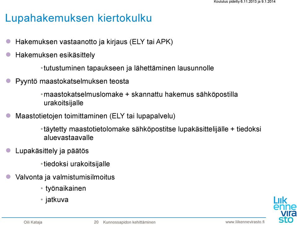 toimittaminen (ELY tai lupapalvelu) täytetty maastotietolomake sähköpostitse lupakäsittelijälle + tiedoksi aluevastaavalle Lupakäsittely ja