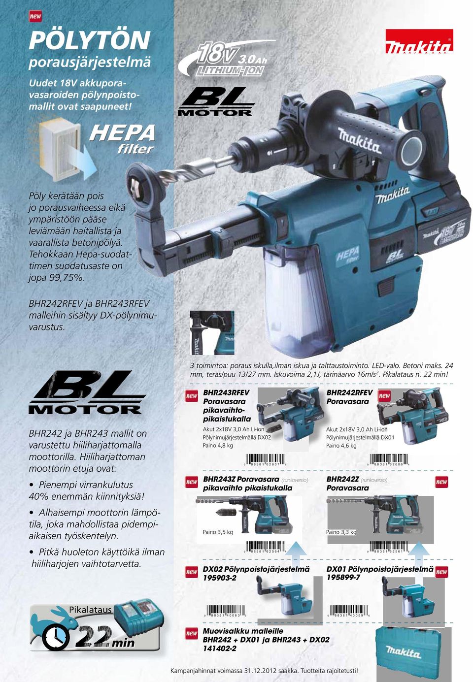 BHR242RFEV ja BHR243RFEV malleihin sisältyy DX-pölynimuvarustus. 3 toimintoa: poraus iskulla,ilman iskua ja talttaustoiminto. LED-valo. Betoni maks. 24 mm, teräs/puu 13/27 mm.