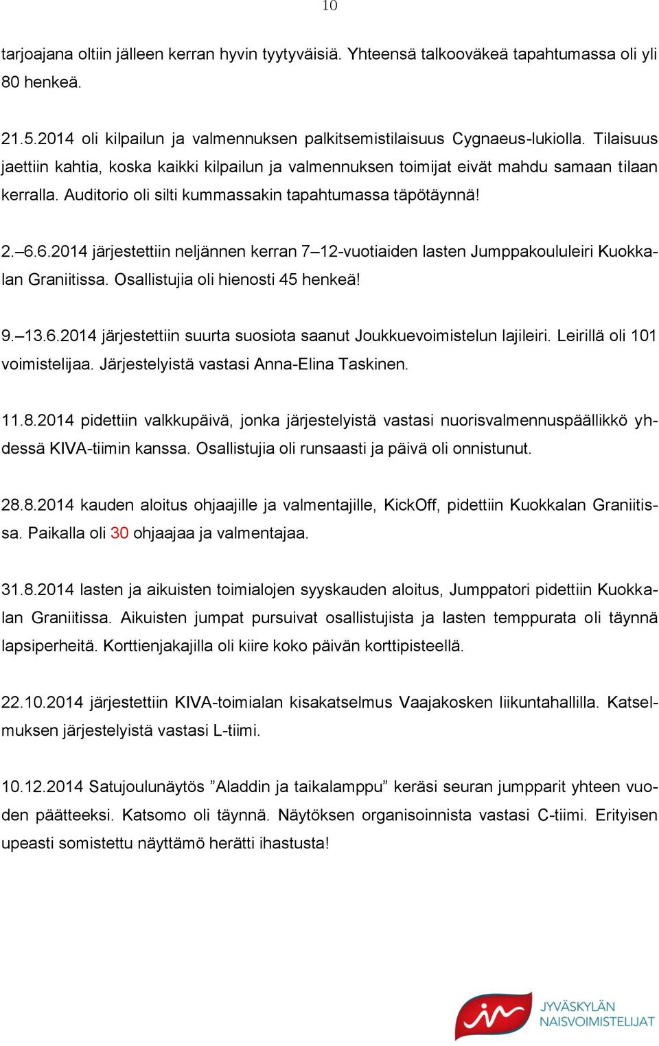 6.2014 järjestettiin neljännen kerran 7 12-vuotiaiden lasten Jumppakoululeiri Kuokkalan Graniitissa. Osallistujia oli hienosti 45 henkeä! 9. 13.6.2014 järjestettiin suurta suosiota saanut Joukkuevoimistelun lajileiri.