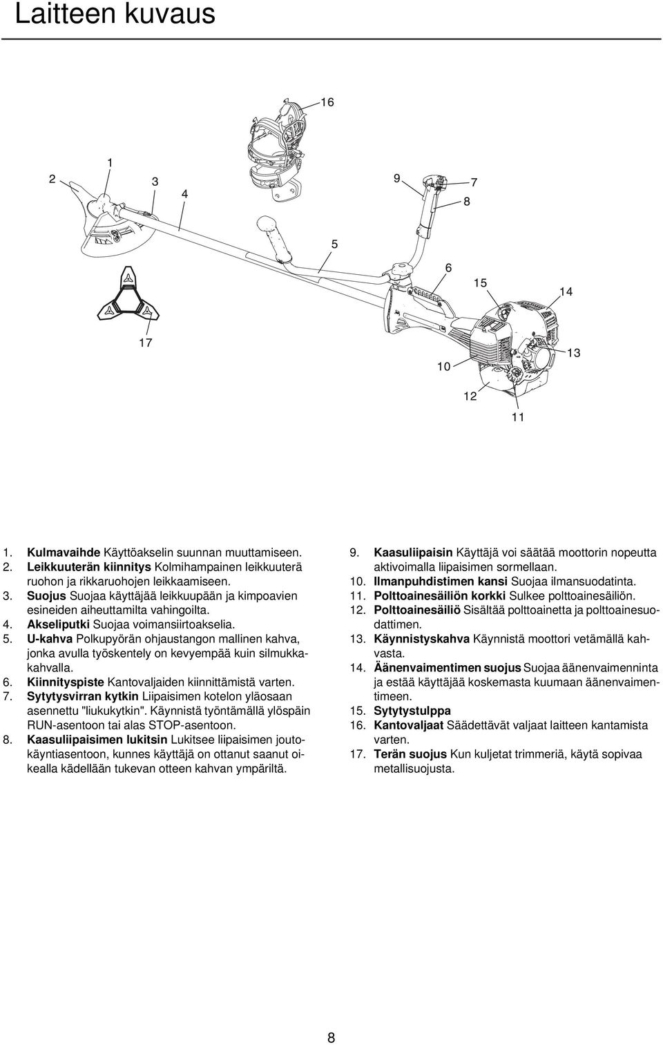 U-kahva Polkupyörän ohjaustangon mallinen kahva, jonka avulla työskentely on kevyempää kuin silmukkakahvalla. 6. Kiinnityspiste Kantovaljaiden kiinnittämistä varten. 7.