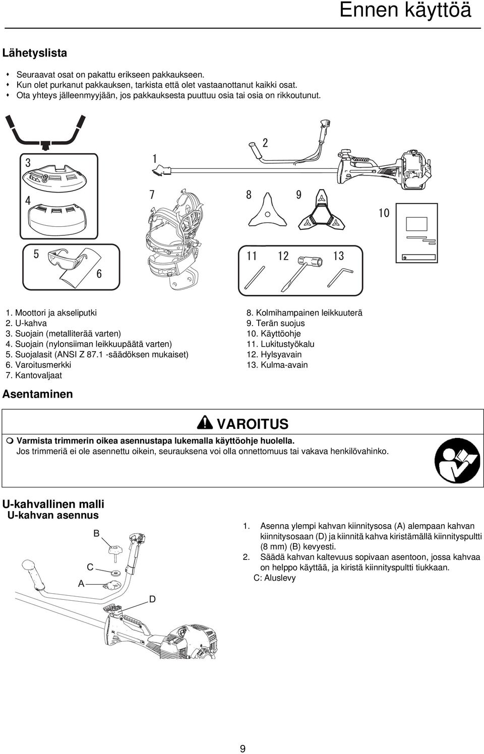 Suojalasit (ANSI Z 87.1 -säädöksen mukaiset) 6. Varoitusmerkki 7. Kantovaljaat 8. Kolmihampainen leikkuuterä 9. Terän suojus 10. Käyttöohje 11. Lukitustyökalu 12. Hylsyavain 13.