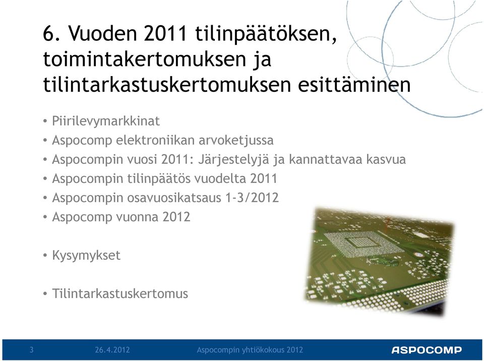 ja kannattavaa kasvua Aspocompin tilinpäätös vuodelta 2011 Aspocompin osavuosikatsaus