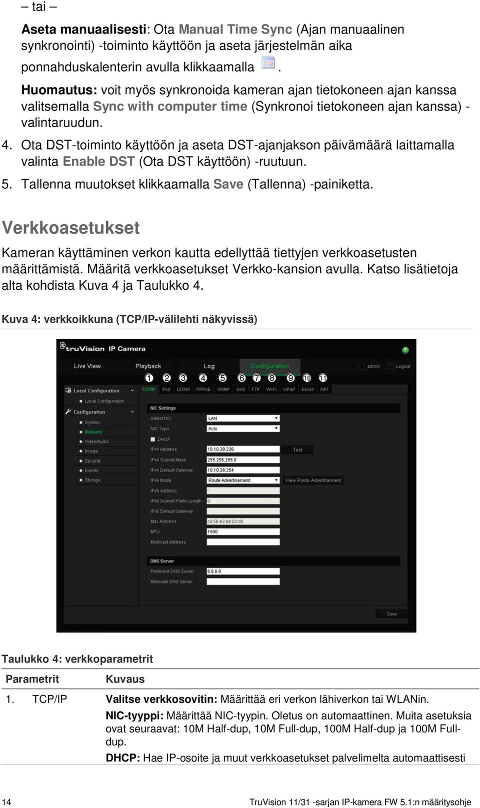 Ota DST-toiminto käyttöön ja aseta DST-ajanjakson päivämäärä laittamalla valinta Enable DST (Ota DST käyttöön) -ruutuun. 5. Tallenna muutokset klikkaamalla Save (Tallenna) -painiketta.