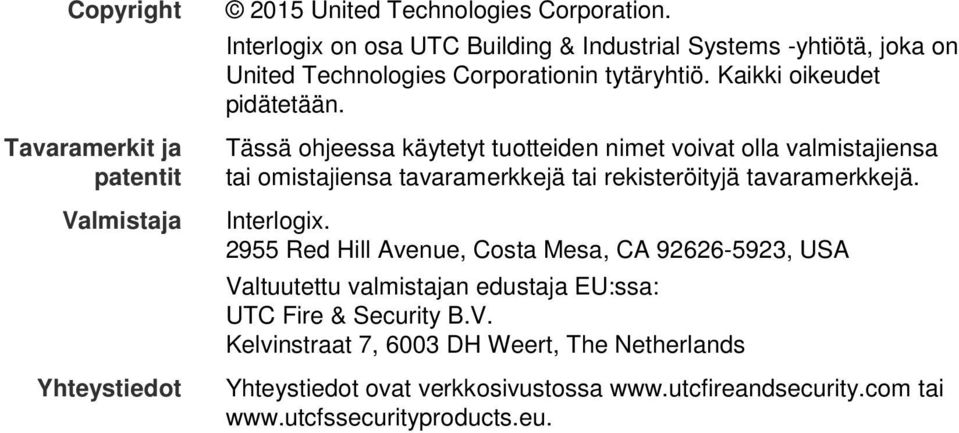 Tässä ohjeessa käytetyt tuotteiden nimet voivat olla valmistajiensa tai omistajiensa tavaramerkkejä tai rekisteröityjä tavaramerkkejä. Interlogix.