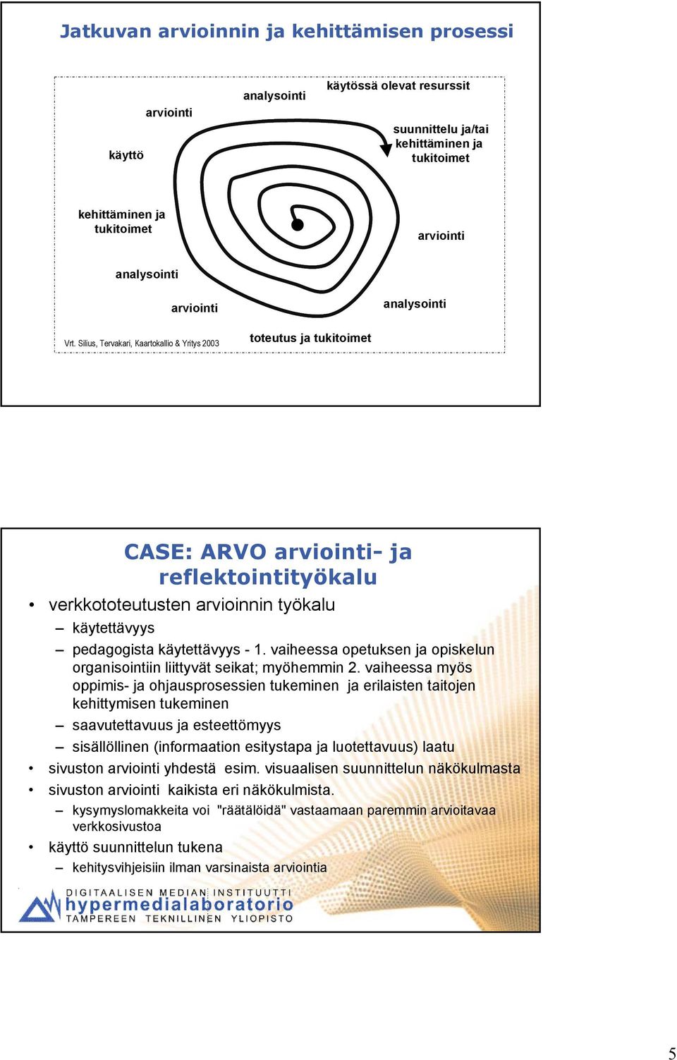 Silius, Tervakari, Kaartokallio & Yritys 2003 toteutus ja tukitoimet CASE: ARVO arviointi- ja reflektointityökalu verkkototeutusten arvioinnin työkalu käytettävyys pedagogista käytettävyys - 1.