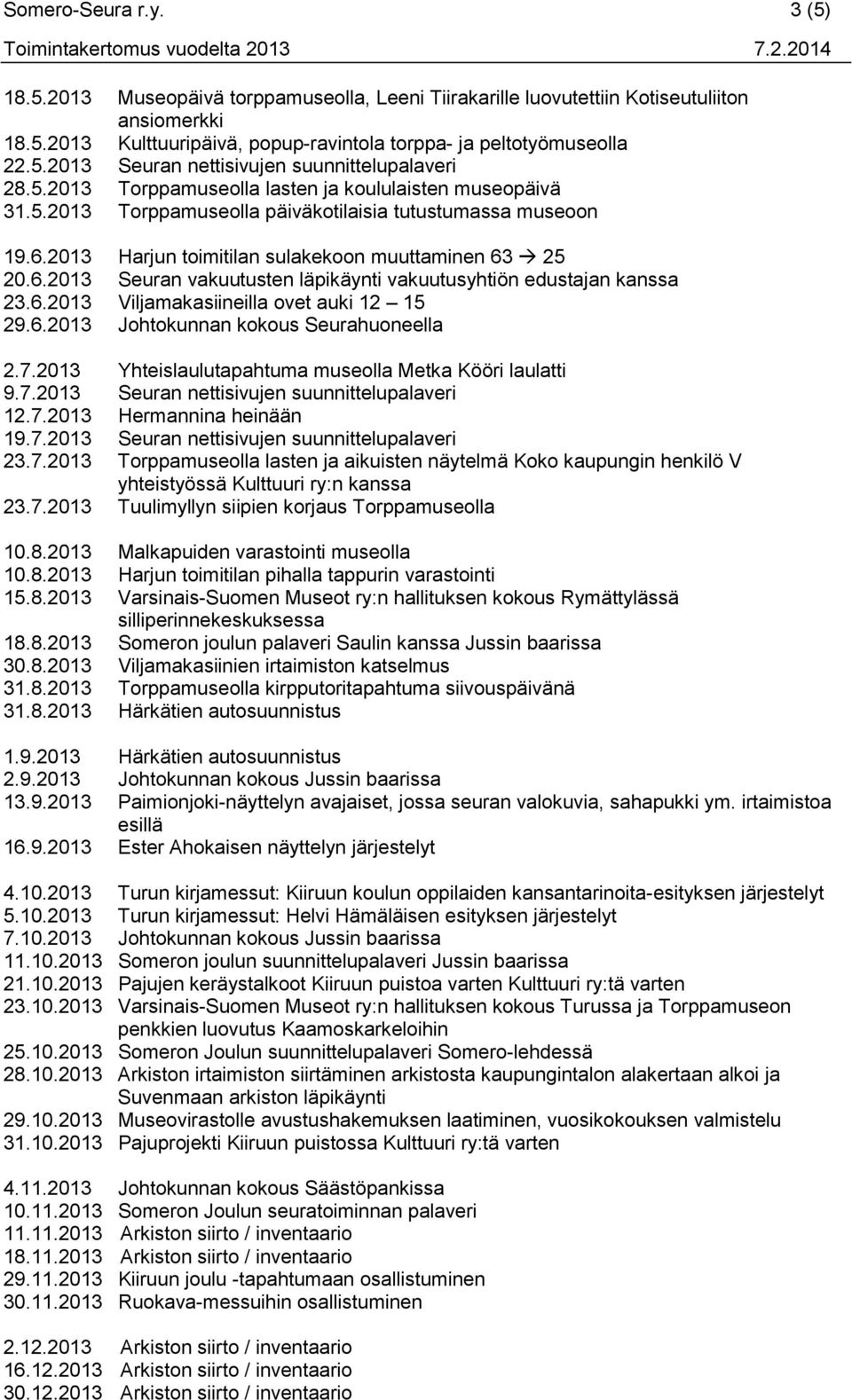 6.2013 Viljamakasiineilla ovet auki 12 15 29.6.2013 Johtokunnan kokous Seurahuoneella 2.7.2013 Yhteislaulutapahtuma museolla Metka Kööri laulatti 9.7.2013 Seuran nettisivujen suunnittelupalaveri 12.7.2013 Hermannina heinään 19.