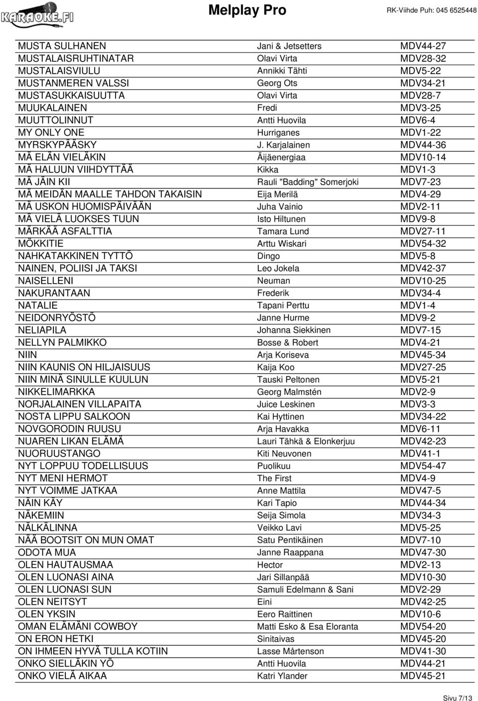 Karjalainen MDV44-36 MÄ ELÄN VIELÄKIN Äijäenergiaa MDV10-14 MÄ HALUUN VIIHDYTTÄÄ Kikka MDV1-3 MÄ JÄIN KII Rauli "Badding" Somerjoki MDV7-23 MÄ MEIDÄN MAALLE TAHDON TAKAISIN Eija Merilä MDV4-29 MÄ