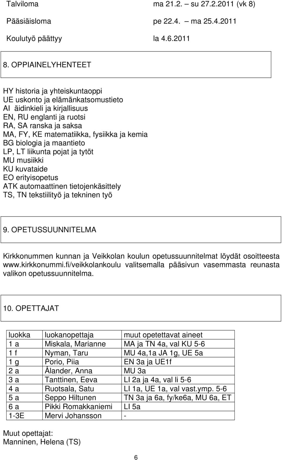 kemia BG biologia ja maantieto LP, LT liikunta pojat ja tytöt MU musiikki KU kuvataide EO erityisopetus ATK automaattinen tietojenkäsittely TS, TN tekstiilityö ja tekninen työ 9.