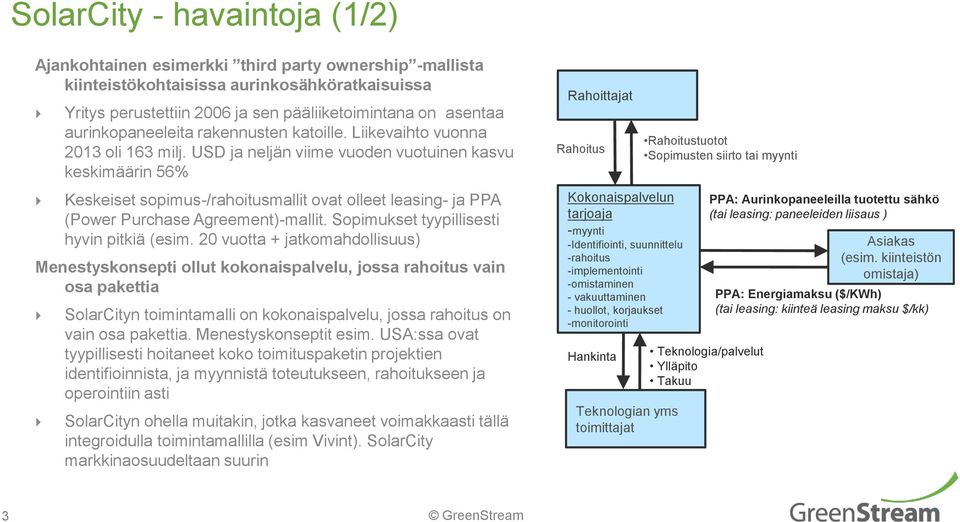 USD ja neljän viime vuoden vuotuinen kasvu keskimäärin 56% Keskeiset sopimus-/rahoitusmallit ovat olleet leasing- ja PPA (Power Purchase Agreement)-mallit. Sopimukset tyypillisesti hyvin pitkiä (esim.