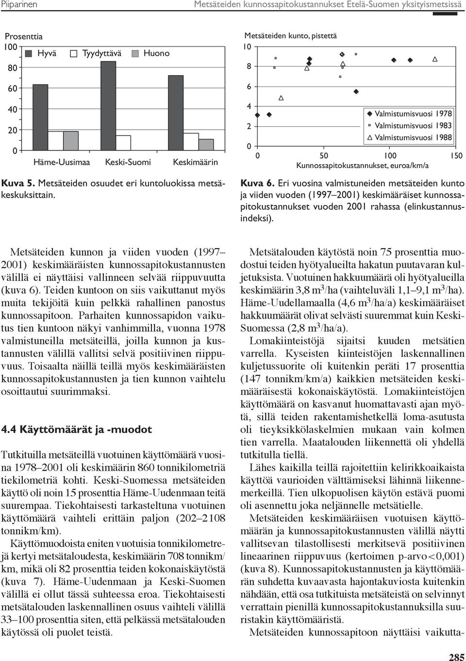 Eri vuosina valmistuneiden metsäteiden kunto ja viiden vuoden (1997 21) keskimääräiset kunnossapitokustannukset vuoden 21 rahassa (elinkustannusindeksi).