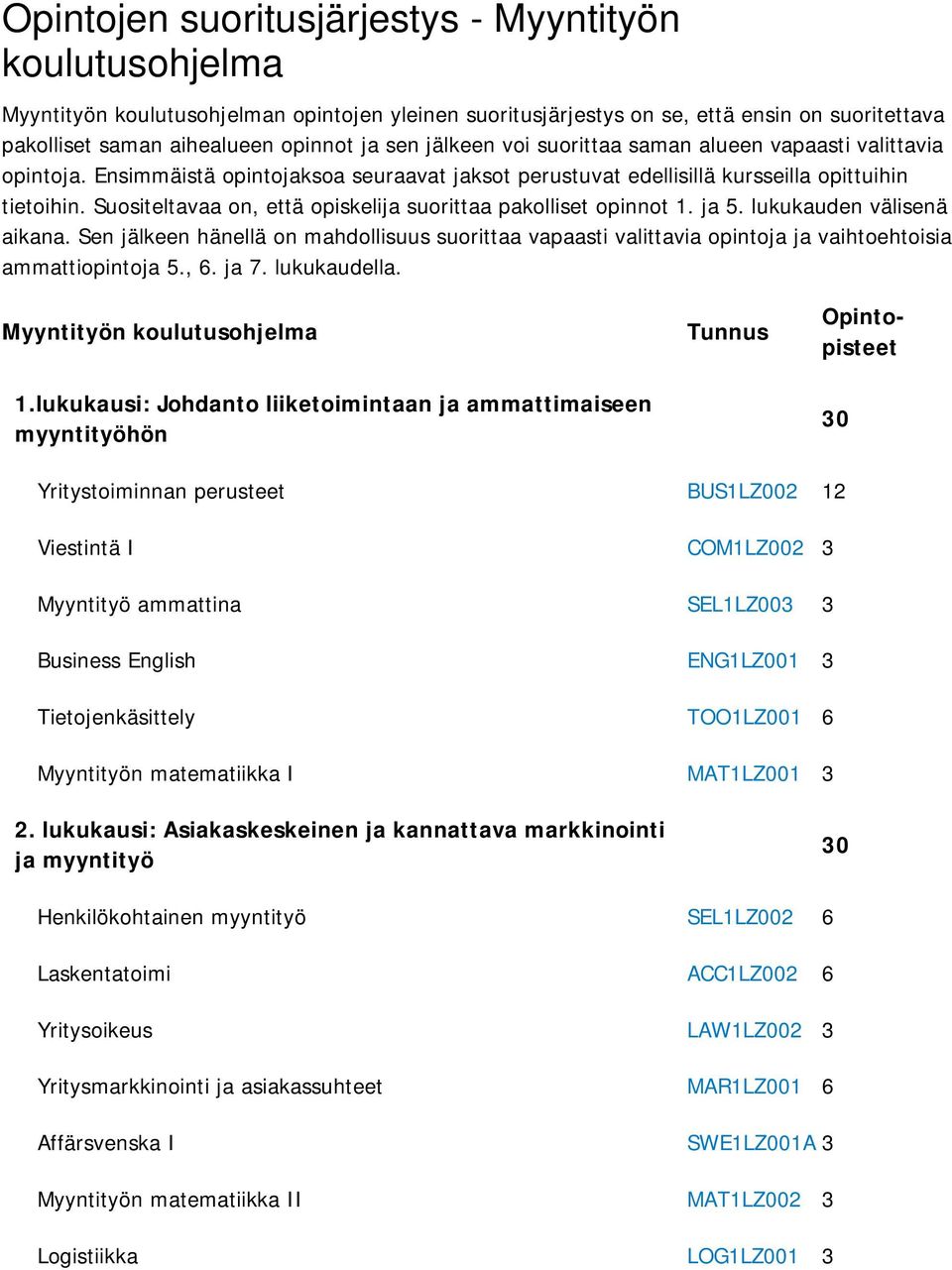 Suositeltavaa on, että opiskelija suorittaa pakolliset opinnot 1. ja 5. lukukauden välisenä aikana.