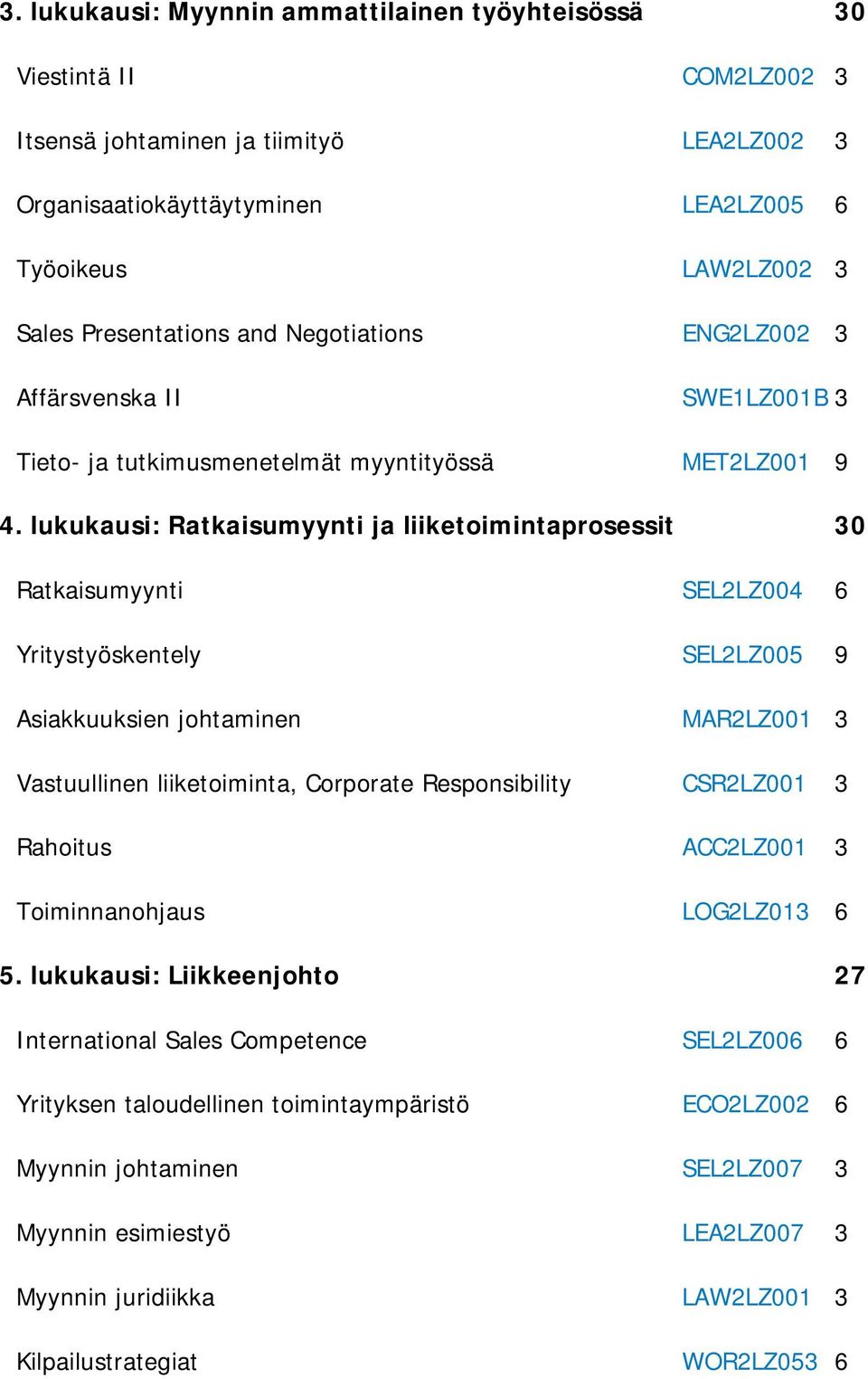 lukukausi: Ratkaisumyynti ja liiketoimintaprosessit Ratkaisumyynti SEL2LZ004 6 Yritystyöskentely SEL2LZ005 9 Asiakkuuksien johtaminen MAR2LZ001 3 Vastuullinen liiketoiminta, Corporate Responsibility