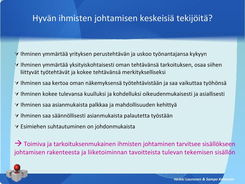 tehtävänsä merkitykselliseksi Ihminen saa kertoa oman näkemyksensä työtehtävistään ja saa vaikuttaa työhönsä Ihminen kokee tulevansa kuulluksi ja kohdelluksi oikeudenmukaisesti ja